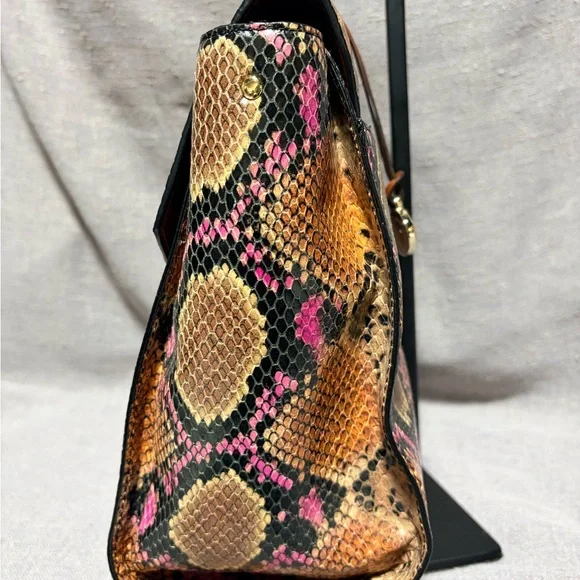 Brahmin Tan Snakeskin Satchel with Pink Accents